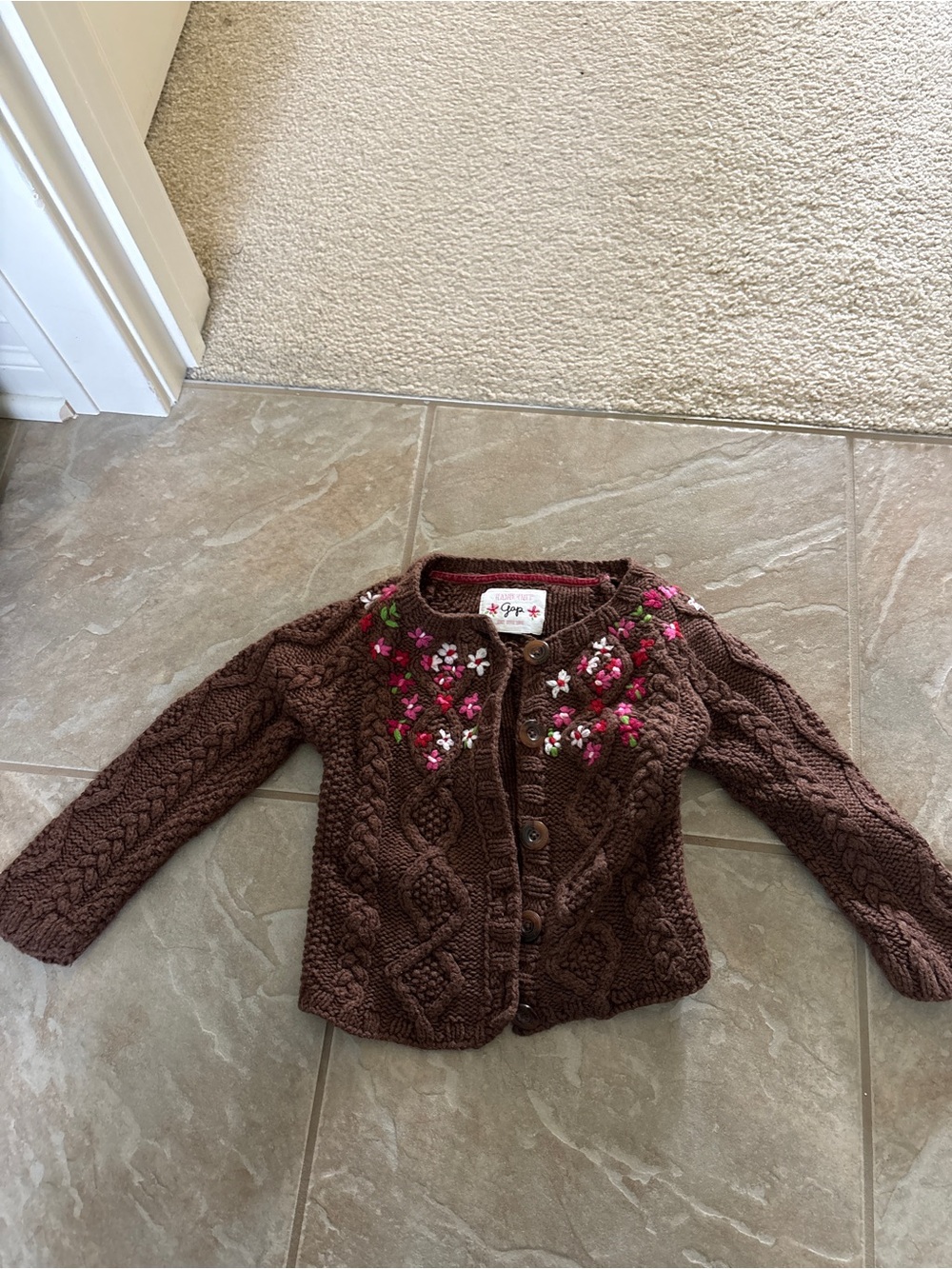 GAP Kids Girls Early 00s Brown Wool Blend Hand Knit Cardigan Pink Floral Accents